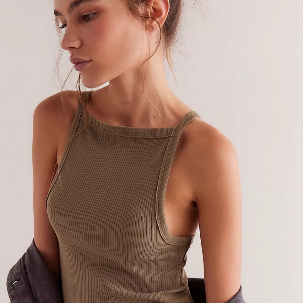Free People Olive Ribbed Square-Neck Tank Top
